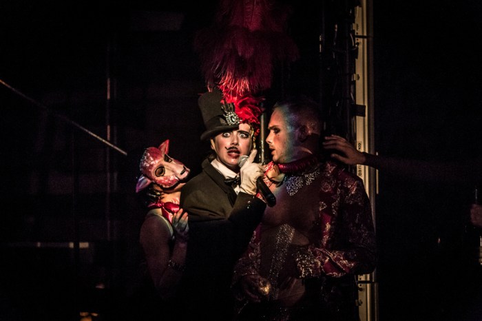 (L-R) Charlotte Bydwell (center) as Zeus/Fifi and Jakob Karr as Paris Photo Credit: Mark Shelby Perry